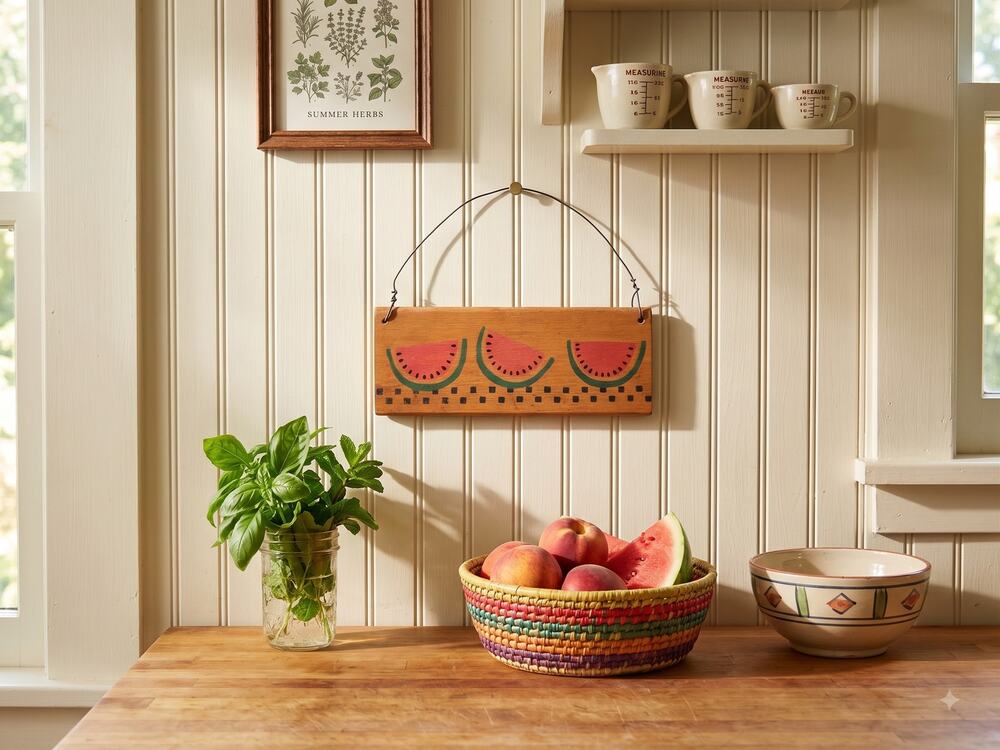 Vintage 80s Hand Painted Wooden Watermelon Sign Wall Hanging
